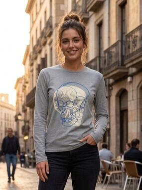 Heads or Tails Skull Graphic Long Sleeve Shirt Charcoal Grey Rhinestone Large